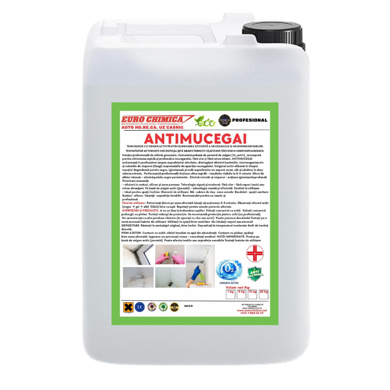 Soluție profesională pe bază de oxigen activ (peroxid) eliminarea rapidă și eficientă a mucegaiului, fungilor și bacteriilor fără clor și fără miros.